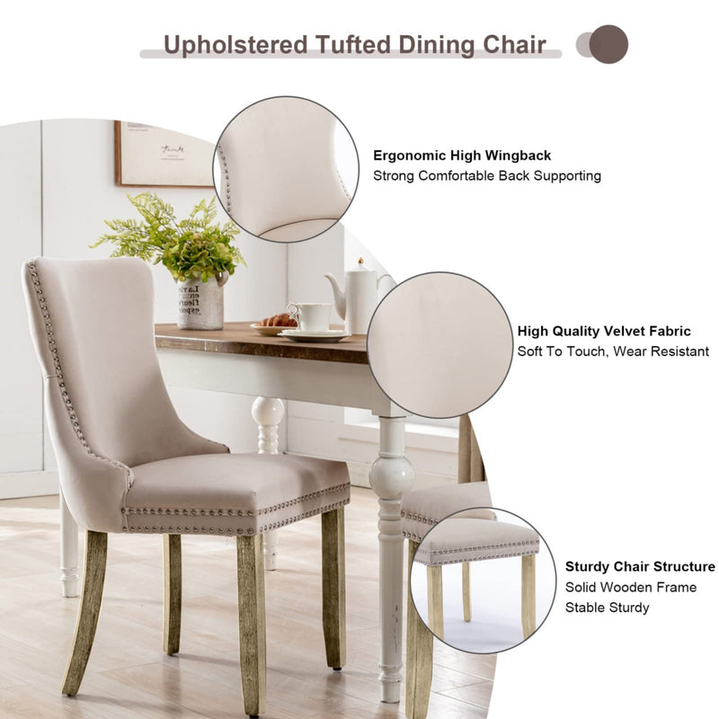 2x Velvet Upholstered Dining Chairs Tufted Wingback Side Chair with Studs Trim Solid Wood Legs for Kitchen Emete store