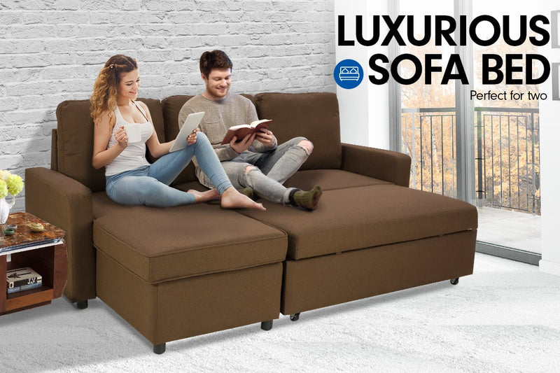 Sarantino Corner Sofa Linen Lounge Couch L-shaped Modular Furniture Chaise Brown Emete store