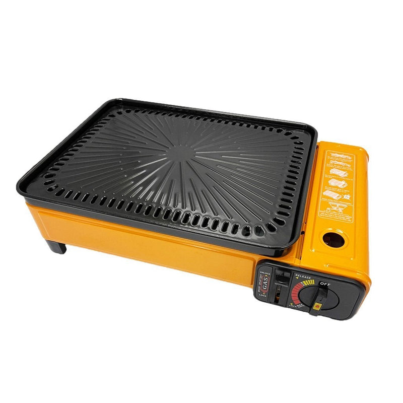 Portable Gas Stove Burner Butane BBQ Camping Gas Cooker With Non Stick Plate Black with Fish Pan and Lid Emete store