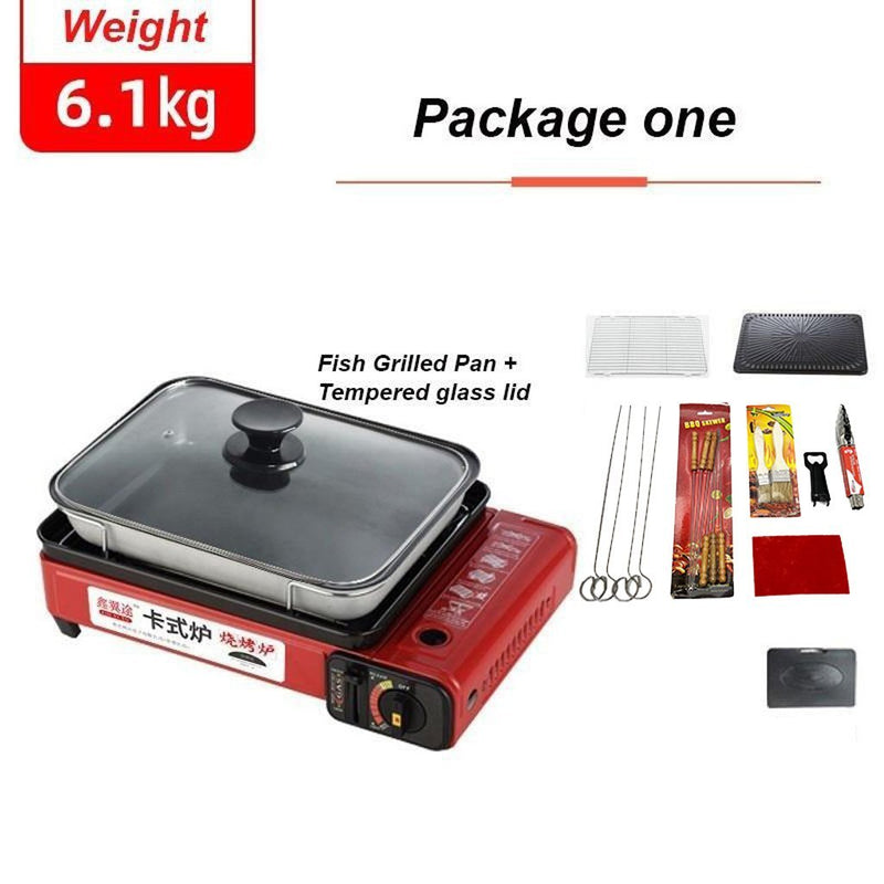 Portable Gas Stove Burner Butane BBQ Camping Gas Cooker With Non Stick Plate Red with Fish Pan and Lid Emete store