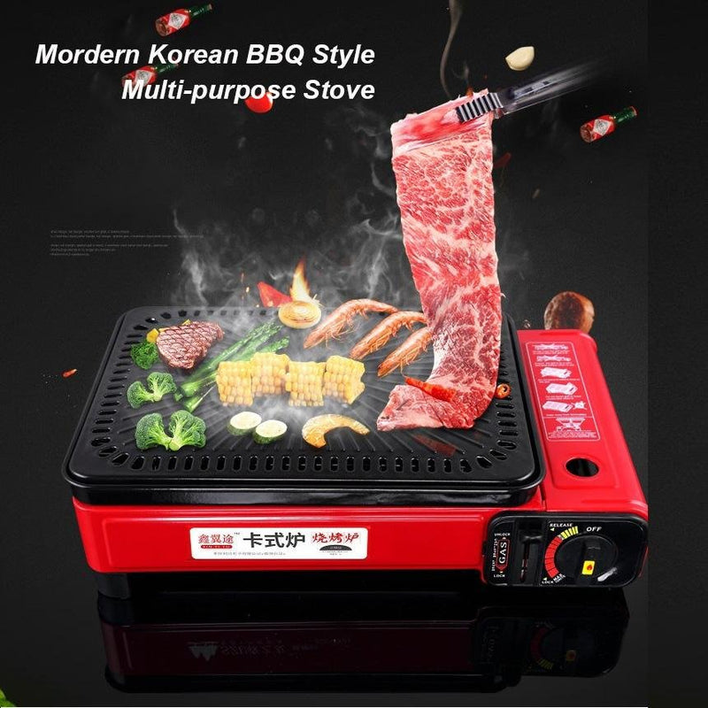 Portable Gas Stove Burner Butane BBQ Camping Gas Cooker With Non Stick Plate Red with Fish Pan and Lid Emete store