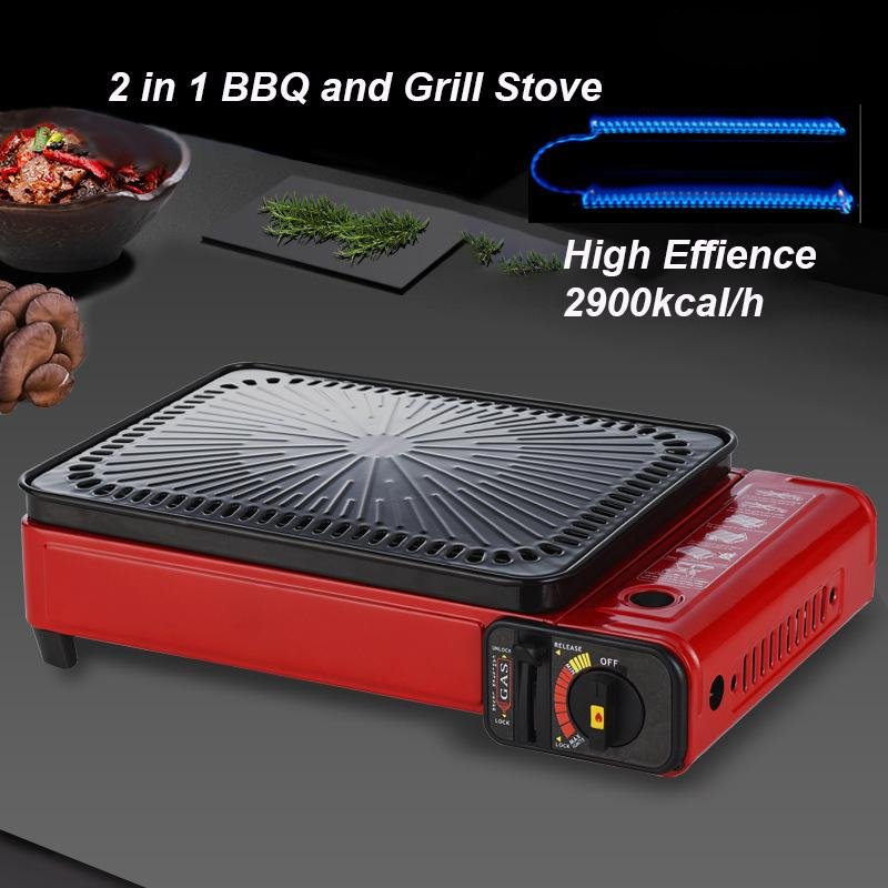 Portable Gas Stove Burner Butane BBQ Camping Gas Cooker With Non Stick Plate Red with Fish Pan and Lid Emete store