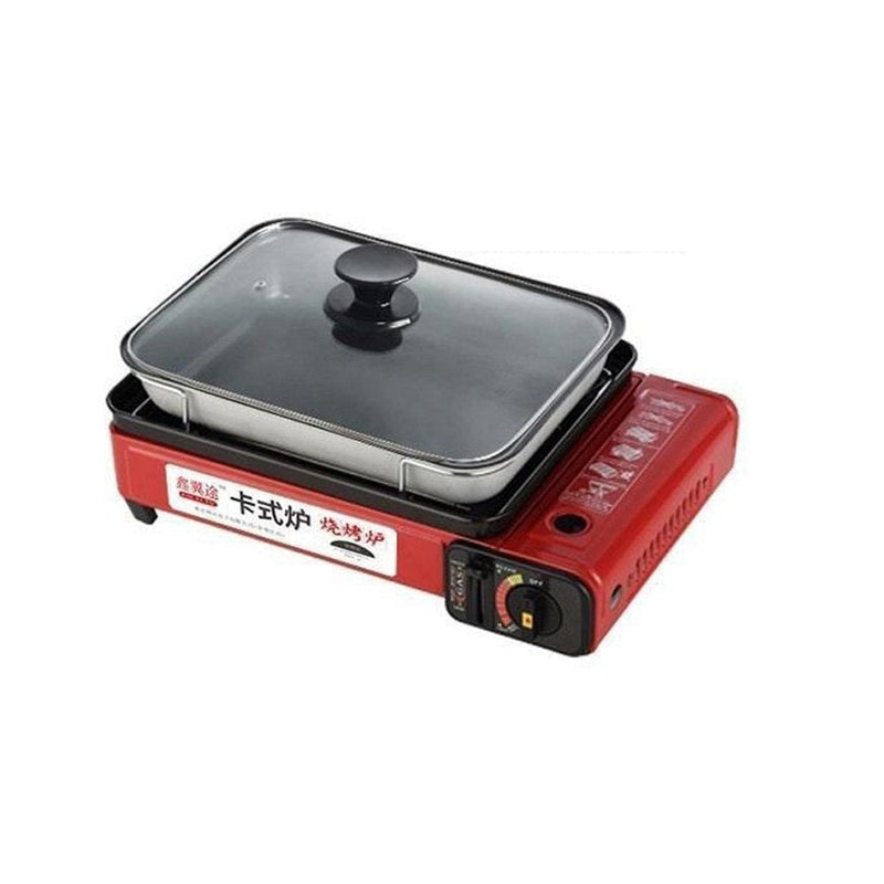 Portable Gas Stove Burner Butane BBQ Camping Gas Cooker With Non Stick Plate Red with Fish Pan and Lid Emete store