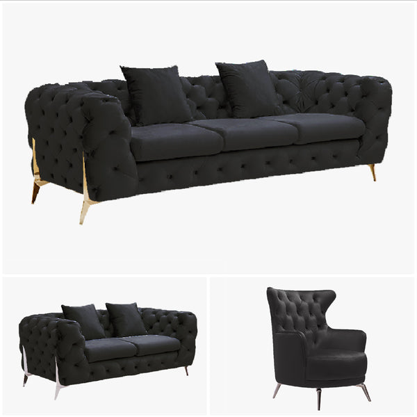 Grand Tufted Lounge - Black Velvet - Gold Legs - Emete Store