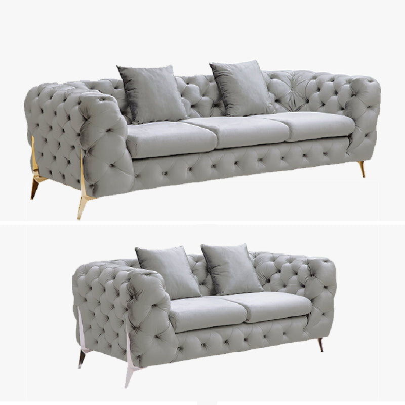 Grand Tufted Lounge - Light Grey Velvet - Silver Legs - Emete Store