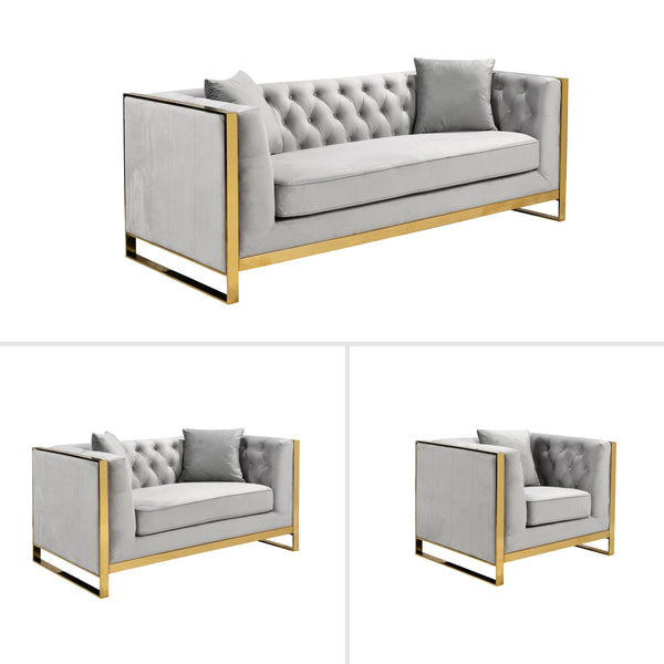 William Lounge - Light Grey Velvet - Gold Trims - Emete Store