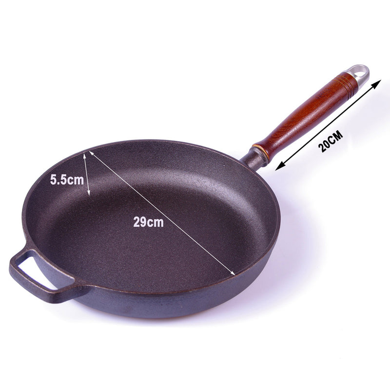 Pre-Seasoned 29cm Cast Iron Fry Pan Cookware Heat-Resistant Wooden Handle Emete store
