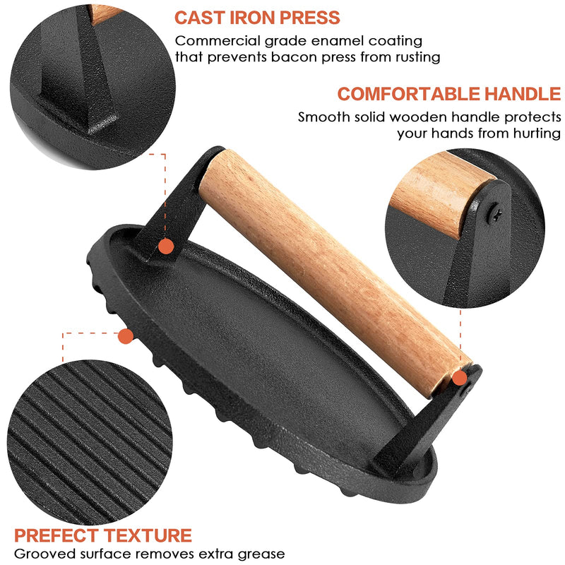 Heavy Duty Round Cast Iron Grill Burger Press Pre-Seasoned Steak - Emete Store