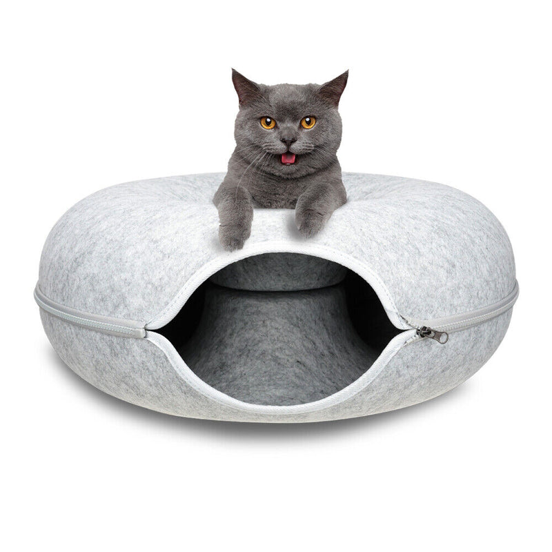 Cat Tunnel Bed Light Grey Felt Pet Puppy Nest Cave House Interactive Toy - Emete Store