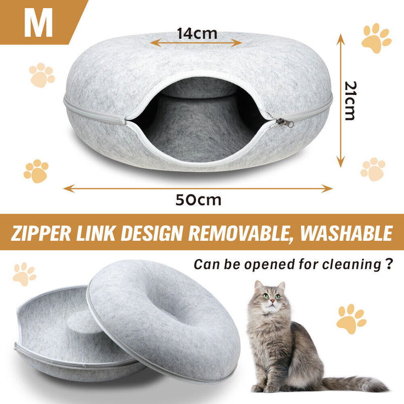 Cat Tunnel Bed Light Grey Felt Pet Puppy Nest Cave House Interactive Toy - Emete Store