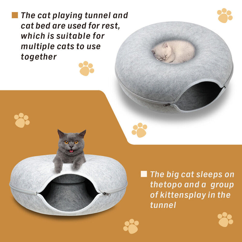 Cat Tunnel Bed Light Grey Felt Pet Puppy Nest Cave House Interactive Toy - Emete Store