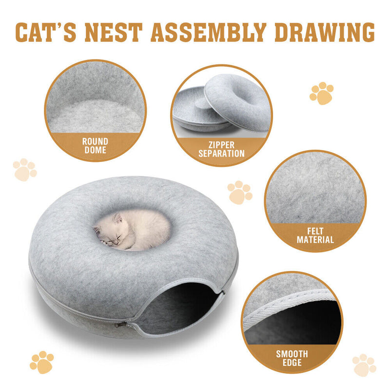 Cat Tunnel Bed Light Grey Felt Pet Puppy Nest Cave House Interactive Toy - Emete Store