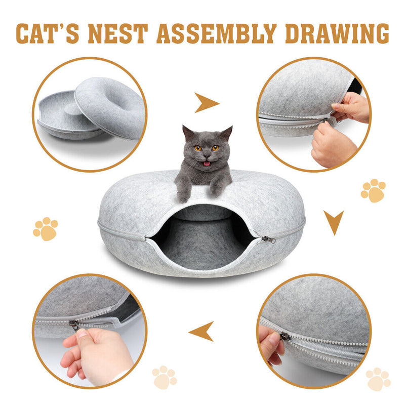 Cat Tunnel Bed Light Grey Felt Pet Puppy Nest Cave House Interactive Toy - Emete Store