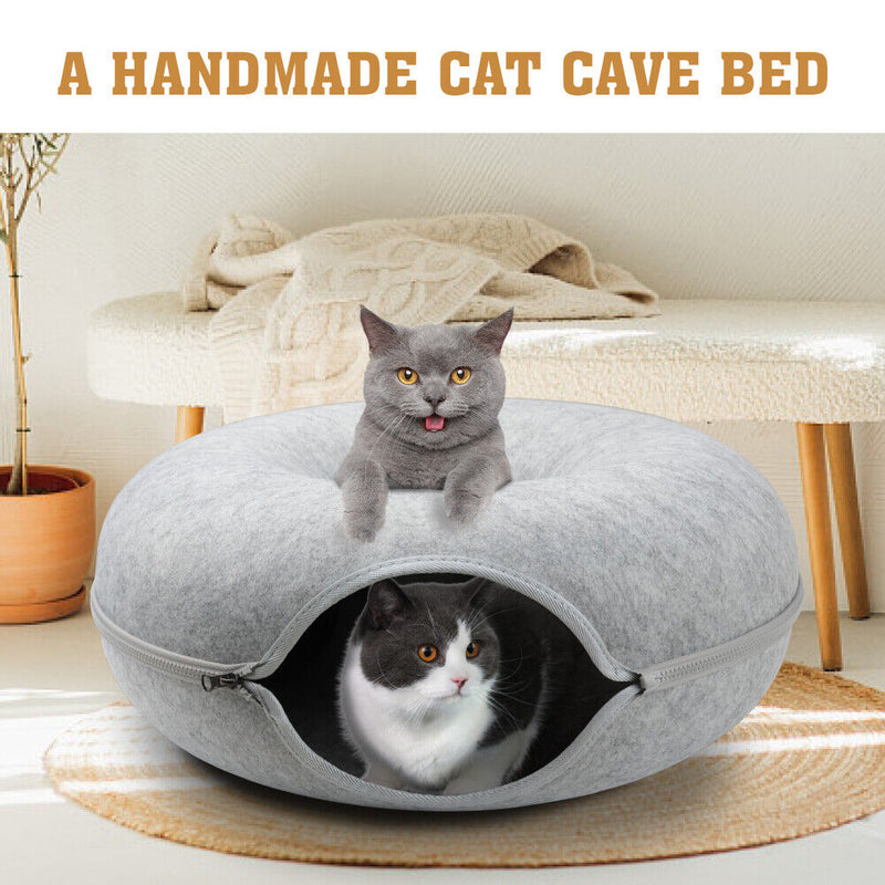 Cat Tunnel Bed Light Grey Felt Pet Puppy Nest Cave House Interactive Toy - Emete Store