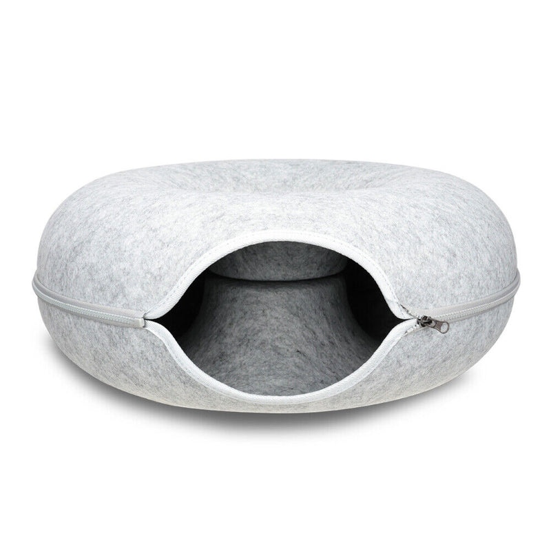 Cat Tunnel Bed Light Grey Felt Pet Puppy Nest Cave House Interactive Toy - Emete Store