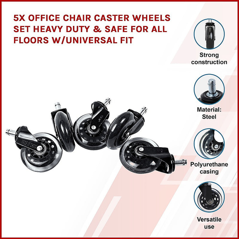 5x Office Chair Rollerblade Caster Wheels Safe for All Floors - Universal Fit