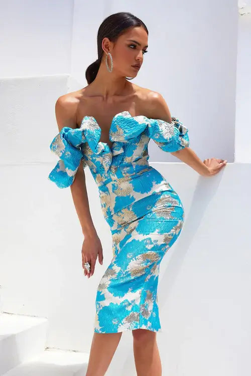 Print Wrap Chest Slit Mini & Short Off Shoulder French Midi Party Dress - Emete Store